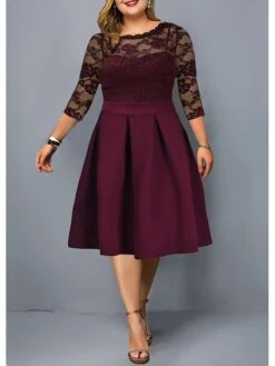 Women‘s Plus Size Curve Party Dress Solid Color Crew Neck Lace 3/4 Length Sleeve Spring Fall Elegant Prom Dress Mature Knee Length Dress Formal Party Dress -HAYz Clothing Shop wyemwx1673244819840