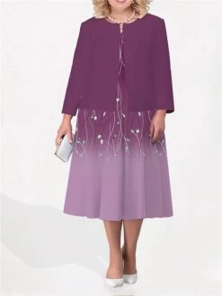 Women's Plus Size Curve Two Piece Dress Set Casual Dress Swing Dress Outdoor Office Fashion Streetwear Print Midi Dress Crew Neck Long Sleeve Floral Ombre Blue Purple Green Fall Winter L XL XXL -HAYz Clothing Shop wyknwi1692942822144