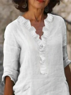 Women's Cotton Linen Dress Casual Dress Shift Dress Mini Dress Cotton Blend Basic Classic Outdoor Daily Vacation V Neck Ruffle Basic Half Sleeve Summer Spring Fall 2023 Regular Fit White Plain S M L -HAYz Clothing Shop wzdmgv1678958500325