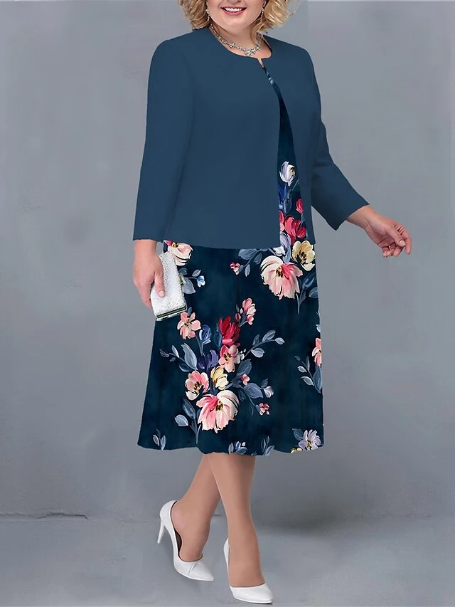 Women's Plus Size Two Piece Dress Set Casual Dress Print Dress Outdoor Office Fashion Streetwear Print Midi Dress Crew Neck Long Sleeve Floral Regular Fit Dark Brown Navy Blue Brown Fall Winter L XL 5 Women's Plus Size Two Piece Dress Set Casual Dress Print Dress Outdoor Office Fashion Streetwear Print Midi Dress Crew Neck Long Sleeve Floral Regular Fit Dark Brown Navy Blue Brown Fall Winter L XL - Image 5