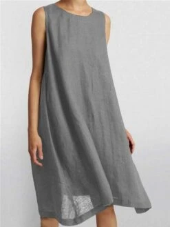 Women's Casual Dress Cotton Linen Dress Swing Dress Midi Dress Cotton Blend Basic Casual Outdoor Daily Crew Neck Ruched Sleeveless Summer Spring 2023 Loose Fit Pink Blue Brown Pure Color S M L XL 2XL -HAYz Clothing Shop wzvaop1677657848465