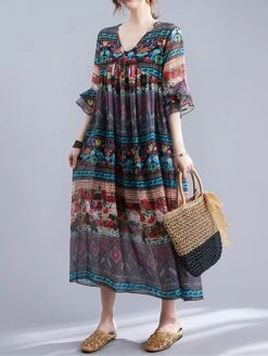 Women's Casual Dress Cotton Linen Dress Swing Dress Midi Dress Linen / Cotton Blend Fashion Classic Outdoor Daily Holiday V Neck Ruched Ruffle 3/4 Length Sleeve Fall Winter Autumn 2023 Loose Fit Blue -HAYz Clothing Shop wzzmpq1693553166796