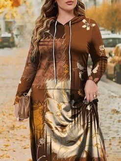 Women's Plus Size Curve Hoodie Dress Casual Dress Winter Dress Leaf Geometric Long Dress Maxi Dress Long Sleeve Pocket Print Hooded Fashion Outdoor Brown Khaki Fall Winter L XL XXL 3XL 4XL -HAYz Clothing Shop xacolk1697633247082