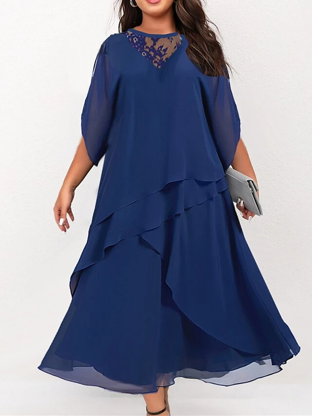 Women‘s Plus Size Curve Work Dress Chiffon Dress Swing Dress Solid Color Long Dress Maxi Dress Half Sleeve Lace Layered Crew Neck Fashion Outdoor Blue Spring Summer L XL XXL 3XL 4XL 1 Women‘s Plus Size Curve Work Dress Chiffon Dress Swing Dress Solid Color Long Dress Maxi Dress Half Sleeve Lace Layered Crew Neck Fashion Outdoor Blue Spring Summer L XL XXL 3XL 4XL