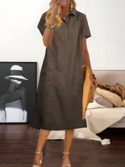Women's Casual Dress Cotton Linen Dress Midi Dress Polyester Casual Daily Casual Outdoor Home Holiday Shirt Collar Pocket Short Sleeve Summer Spring 2023 Loose Fit Navy Blue Purple Brown Plain M L XL