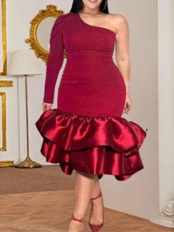 Women's Plus Size Curve Party Dress Bodycon Sheath Dress Plain Midi Dress Long Sleeve Ruffle One Shoulder Fashion Party Wine Fall Winter XL XXL 3XL 4XL