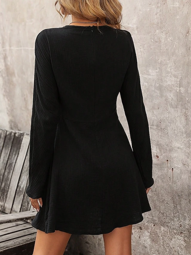 Women's Cotton Linen Dress Mini Dress Cotton Modern Style Casual Work Daily Vacation V Neck Button Long Sleeve Fall Winter 2023 Loose Fit Black Plain S M L XL 2 Women's Cotton Linen Dress Mini Dress Cotton Modern Style Casual Work Daily Vacation V Neck Button Long Sleeve Fall Winter 2023 Loose Fit Black Plain S M L XL - Image 2