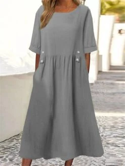 Women's Cotton Linen Dress Casual Dress Midi Dress Cotton Blend Basic Casual Outdoor Daily Vacation Crew Neck Ruched Button Short Sleeve Summer Spring 2023 Loose Fit White Purple Green Plain M L XL -HAYz Clothing Shop xautvx1679561819949