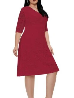 Women‘s Plus Size Curve Party Dress Lace Dress White Dress Solid Color Midi Dress Half Sleeve Lace V Neck Fashion Party White Red Summer Spring XL XXL 3XL 4XL 5XL -HAYz Clothing Shop xaxxzz1681204551567
