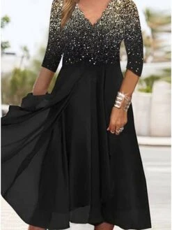 Women‘s Plus Size Curve Casual Dress Swing Dress Gradient V Neck Layered 3/4 Length Sleeve Spring Fall Dress Stylish Casual Midi Dress Date