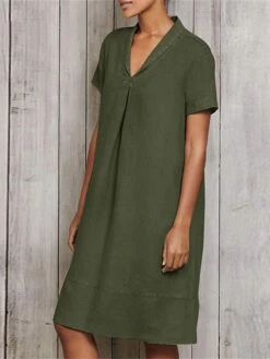 Women's Casual Dress Cotton Linen Dress A Line Dress Midi Dress Linen Cotton Blend Fashion Modern Outdoor Daily Vacation V Neck Ruched Short Sleeve Summer Spring 2023 Loose Fit ArmyGreen Wine Sky Blue -HAYz Clothing Shop xbkklu1678262787267