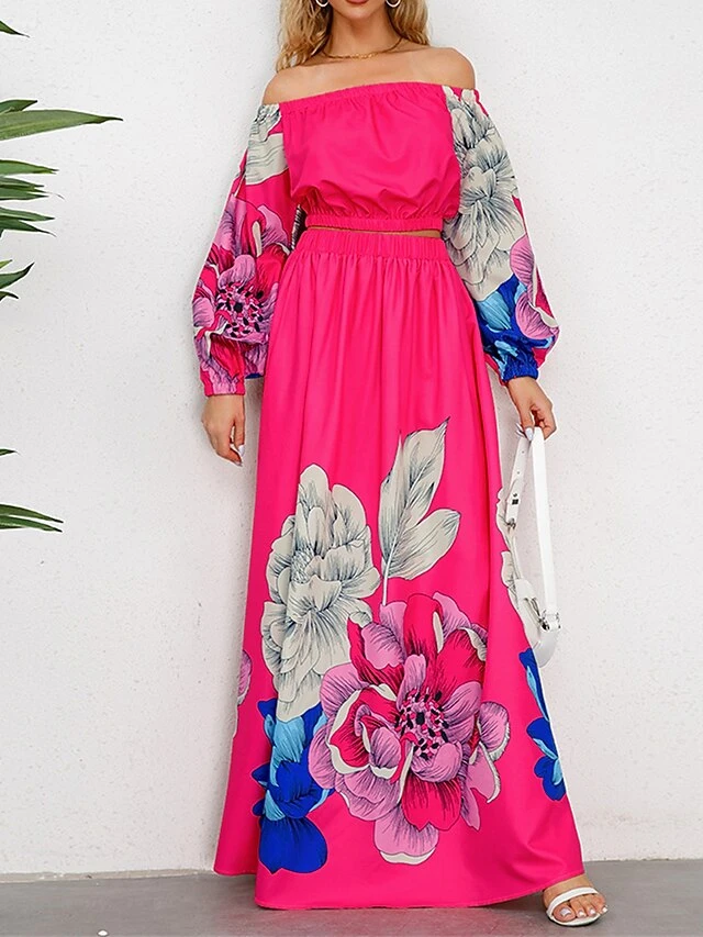 Women's Two Piece Dress Set Casual Dress Skirt Set Daily Going Out Casual Ruched Print Long Dress Maxi Dress Off Shoulder Long Sleeve Floral Regular Fit Blue Green Rose Red Fall Winter S M L XL XXL 7 Women's Two Piece Dress Set Casual Dress Skirt Set Daily Going Out Casual Ruched Print Long Dress Maxi Dress Off Shoulder Long Sleeve Floral Regular Fit Blue Green Rose Red Fall Winter S M L XL XXL - Image 7