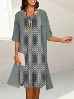 Women's Two Piece Dress Set Casual Dress Print Dress Outdoor Daily Fashion Elegant Print Midi Dress Crew Neck 3/4 Length Sleeve Geometric Loose Fit Yellow Pink Blue Summer Spring S M L XL XXL -HAYz Clothing Shop xcddzs1689736242744