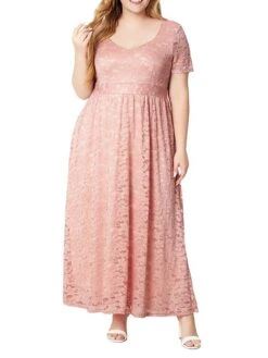 Women's Plus Size Curve Party Dress Lace Dress Sheath Dress Solid Color Long Dress Maxi Dress Short Sleeve Lace Ruched V Neck Fashion Wedding Pink Dark Blue Spring Fall XL XXL 3XL 4XL 5XL -HAYz Clothing Shop xcgeid1693533320449