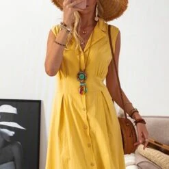 Women's Cotton Linen Dress Casual Dress Swing Dress Midi Dress Black White Yellow Sleeveless Pure Color Button Summer Spring Shirt Collar Fashion Vacation Loose Fit 2023 S M L XL XXL 3XL -HAYz Clothing Shop xcgvxf1649243397953