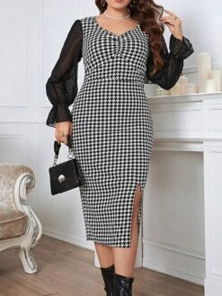 Women‘s Plus Size Curve Party Dress Cocktail Dress Bodycon Midi Dress Black Long Sleeve Print Mesh Spring Fall Winter V Neck Fashion Winter Dress Birthday Wedding Guest 2023 XL XXL 3XL 4XL
