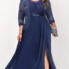 Women's Plus Size Curve Party Dress Lace Dress Dress Set Plain Long Dress Maxi Dress 3/4 Length Sleeve Lace Patchwork Crew Neck Fashion Party Navy Blue Fall Winter L XL XXL 3XL 4XL