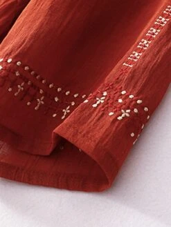 Women's Casual Dress Linen Dress Swing Dress Midi Dress Linen Classic Style Classic Outdoor Daily Holiday Crew Neck Ruched Embroidered Short Sleeve Fall Winter Autumn 2023 Loose Fit White Red Plain M -HAYz Clothing Shop xdefne1694418665311