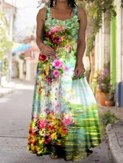 Women‘s Plus Size Curve Casual Dress Strap Dress Floral Coconut Tree Long Dress Maxi Dress Sleeveless Print Strap Fashion Outdoor Navy Blue Blue Summer Spring L XL XXL 3XL 4XL -HAYz Clothing Shop xdgwij1684480037941