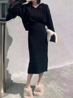 Women's Two Piece Dress Set Casual Dress Skirt Set Outdoor Daily Fashion Streetwear Patchwork Midi Dress Hooded Long Sleeve Plain Loose Fit Black Khaki Apricot Fall Winter One-Size -HAYz Clothing Shop xdhotb1695722091174