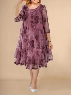 Women‘s Plus Size Curve Work Dress Swing Dress Semi Formal Dress Fashion Midi Dress Mesh Layered Crew Neck 3/4 Length Sleeve Floral Loose Fit Red Summer Spring L XL XXL 3XL 4XL