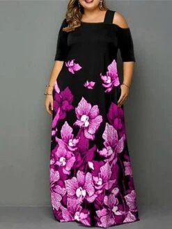 Women‘s Plus Size Curve Holiday Dress Floral Boat Neck Print Short Sleeve Fall Spring Casual Maxi Long Dress Date Vacation Dress Graphic -HAYz Clothing Shop xdjtud1627983615251