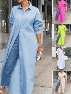 Women's Shirt Dress Casual Dress Shift Dress Maxi Long Dress Outdoor Daily Vacation Polyester Fashion Modern Shirt Collar Button Split Long Sleeve Summer Spring Fall 2023 Loose Fit White Blue Green -HAYz Clothing Shop xdqkor1689847488736