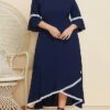 Women's Plus Size Curve Casual Dress Swing Dress A Line Dress Plain Long Dress Maxi Dress 3/4 Length Sleeve Patchwork Plus High Low Crew Neck Fashion Outdoor Dark Blue Fall Winter XL XXL 3XL 4XL