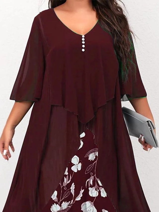 Women's Plus Size Curve Work Dress Floral V Neck Ruched 3/4 Length Sleeve Spring Summer Work Elegant Midi DressLayered Formal Vacation Dress 17 Women's Plus Size Curve Work Dress Floral V Neck Ruched 3/4 Length Sleeve Spring Summer Work Elegant Midi DressLayered Formal Vacation Dress - Image 17