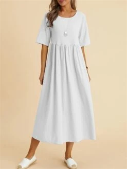 Women's Casual Dress Cotton Linen Dress Swing Dress Midi Dress Cotton Blend Fashion Modern Outdoor Daily Vacation Crew Neck Ruched Half Sleeve Summer Spring Fall 2023 Loose Fit Light Blue Black White -HAYz Clothing Shop xdwkot1682570669992