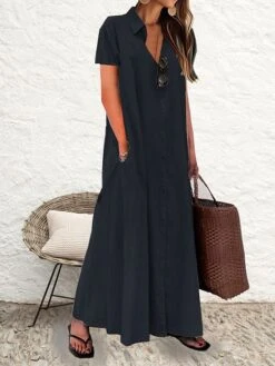 Women's Shirt Dress Casual Dress Cotton Linen Dress Maxi Long Dress Cotton Casual Daily Casual Daily Vacation Weekend Shirt Collar Button Pocket Short Sleeve Summer Spring 2023 Loose Fit Black Wine -HAYz Clothing Shop xefhig1689937036726
