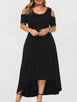 Women‘s Plus Size Curve Casual Dress Semi Formal Dress Solid Color Long Dress Maxi Dress Short Sleeve Hollow Out Plus High Low Crew Neck Fashion Daily Black Wine Summer Spring XL XXL 3XL 4XL 5XL