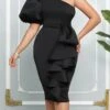 Women‘s Plus Size Curve Party Dress Solid Color One Shoulder Ruffle Short Sleeve Spring Fall Prom Dress Midi Dress Casual Daily Dress