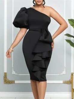 Women‘s Plus Size Curve Party Dress Solid Color One Shoulder Ruffle Short Sleeve Spring Fall Prom Dress Midi Dress Casual Daily Dress