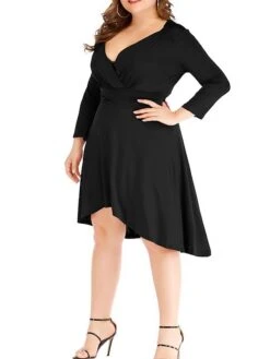 Women's Plus Size Curve Work Dress Black Dress A Line Dress Fashion Midi Dress Ruched V Neck Long Sleeve Plain Loose Fit Black Wine Blue Fall XL XXL 3XL 4XL 5XL -HAYz Clothing Shop xfbxsi1693203477024