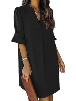 Women's Shirt Dress Casual Dress Shift Dress Mini Dress Outdoor Daily Polyester Basic Classic Split Neck Ruffle Half Sleeve Summer Spring Fall 2023 Loose Fit Light Pink Black Pink Plain S M L XL 2XL