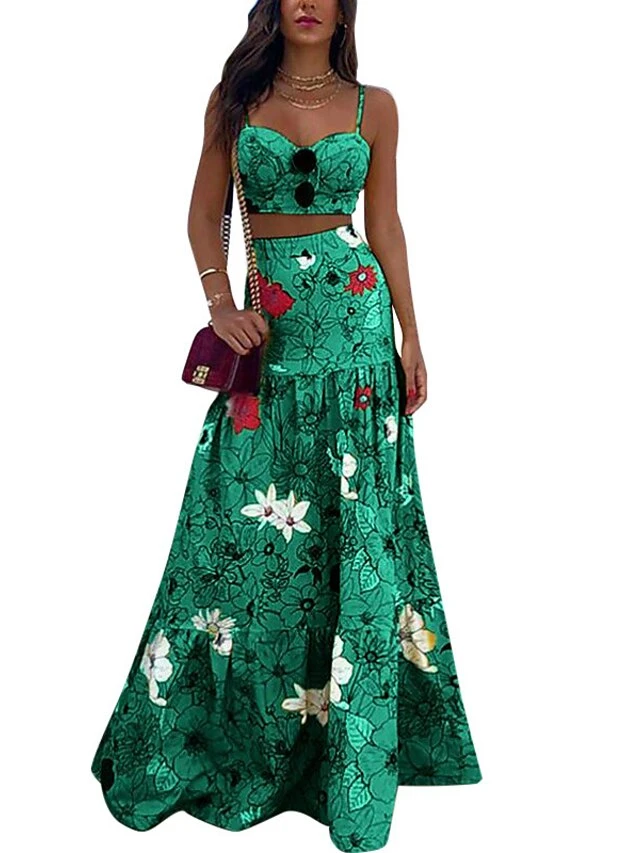 Women's Dress Set Two Piece Dress Skirt Set Long Dress Maxi Dress Yellow Green Sleeveless Floral Backless Summer Spring Spaghetti Strap Vacation 2023 S M L XL XXL 3XL 3 Women's Dress Set Two Piece Dress Skirt Set Long Dress Maxi Dress Yellow Green Sleeveless Floral Backless Summer Spring Spaghetti Strap Vacation 2023 S M L XL XXL 3XL - Image 3