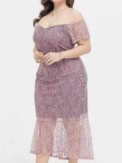 Women's Plus Size Prom Dress Party Dress Lace Dress Midi Dress Pink Short Sleeve Pure Color Lace Spring Fall Winter Off Shoulder Fashion Birthday Evening Party Wedding Guest 2023 XL XXL 3XL 4XL -HAYz Clothing Shop xfxwun1693535468882