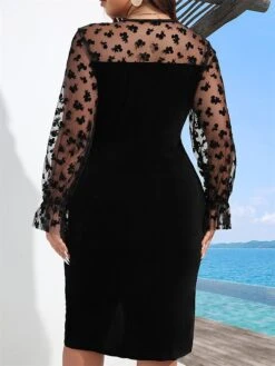 Women‘s Plus Size Curve Party Dress Cocktail Dress Wedding Guest Dress Black Dress Midi Dress Long Sleeve Pure Color Mesh Spring Fall Winter V Neck Fashion Winter Dress Birthday Wedding Guest -HAYz Clothing Shop xghwgp1691647577141