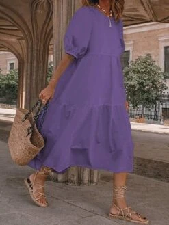 Women‘s Plus Size Curve Holiday Dress Solid Color Crew Neck Half Sleeve Fall Spring Casual Boho Maxi Long Dress Daily Vacation Dress Cotton -HAYz Clothing Shop xgnhft1621240347947