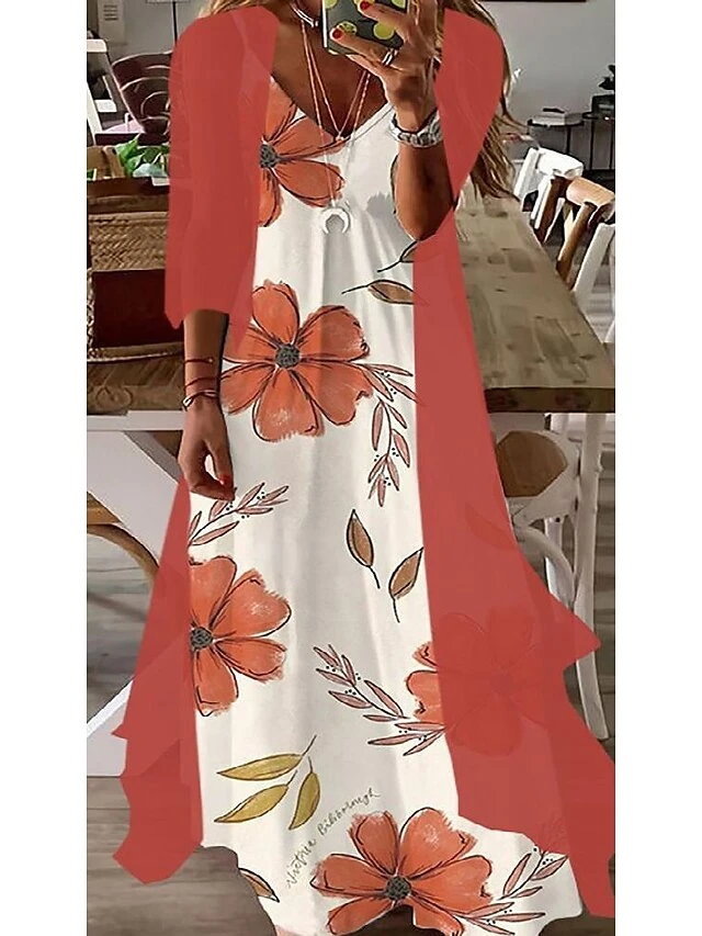 Women's Dress Set Two Piece Dress Swing Dress Long Dress Maxi Dress Black Purple Orange Half Sleeve Floral Summer Spring V Neck Elegant Loose Fit 2023 M L XL XXL XXXL 1 Women's Dress Set Two Piece Dress Swing Dress Long Dress Maxi Dress Black Purple Orange Half Sleeve Floral Summer Spring V Neck Elegant Loose Fit 2023 M L XL XXL XXXL