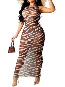 Women's Sheath Dress Long Dress Maxi Dress Black Army Green Sleeveless Striped Print Spring Summer Crew Neck Slim Mesh S M L XL XXL -HAYz Clothing Shop xgtuvh1628149160788