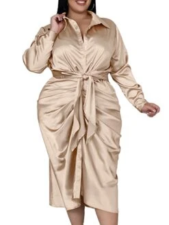 Women‘s Plus Size Curve Flattering Dresses Elegant Apple Shaped Dress Wedding Guest Work Dress Pure Color Shirt Collar Long Sleeve Fall Winter Work Midi Dress Going Out Work Dress Shirt Dress -HAYz Clothing Shop xgxesd1663665115644