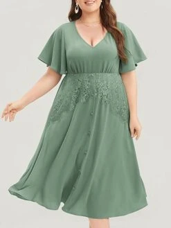 Women's Plus Size Curve Party Dress Cocktail Dress Wedding Guest Dress Midi Dress Green Short Sleeve Pure Color Lace Summer Spring Fall V Neck Fashion Birthday Wedding Guest Vacation XL XXL 3XL 4XL -HAYz Clothing Shop xhgyhg1692165862336