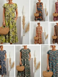 Women's Casual Dress Cotton Linen Dress Swing Dress Midi Dress Linen / Cotton Blend Fashion Casual Outdoor Daily Holiday Crew Neck Pocket Print Short Sleeve Summer Spring 2023 Loose Fit ArmyGreen -HAYz Clothing Shop xhjubn1692771649271