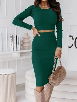 Women's Two Piece Dress Set Casual Dress Skirt Set Outdoor Daily Fashion Sexy Ribbed Midi Dress Crew Neck Long Sleeve Plain Regular Fit Black Wine Green Fall Winter S M L XL -HAYz Clothing Shop xhthfo1695268231547