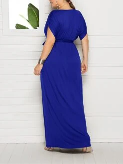 Women's Plus Size Curve Party Dress Sheath Dress Formal Dress Maxi Dress White Wine Royal Blue Short Sleeve Pure Color Lace Up Spring Fall Autumn V Neck Fashion Birthday Wedding Guest Vacation -HAYz Clothing Shop xhxfyk1692178812982