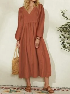 Women's Casual Dress Cotton Linen Dress Midi Dress Cotton Basic Classic Outdoor Daily Vacation V Neck Ruched Long Sleeve Summer Spring Fall 2023 Loose Fit Black White Navy Blue Plain M L XL 2XL 3XL