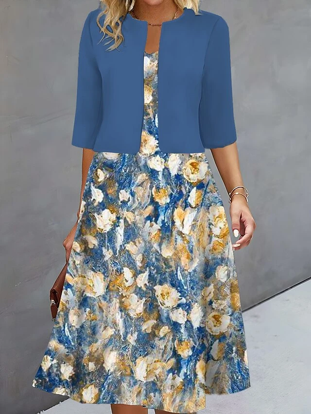 Women's Two Piece Dress Set Casual Dress Print Dress Outdoor Daily Fashion Elegant Print Midi Dress V Neck Half Sleeve Floral Regular Fit Royal Blue Blue Fuchsia Fall Winter S M L XL XXL 4 Women's Two Piece Dress Set Casual Dress Print Dress Outdoor Daily Fashion Elegant Print Midi Dress V Neck Half Sleeve Floral Regular Fit Royal Blue Blue Fuchsia Fall Winter S M L XL XXL - Image 4