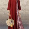 Women's Casual Dress Cotton Linen Dress A Line Dress Maxi Long Dress Cotton Blend Casual Outdoor Daily Crew Neck Print 3/4 Length Sleeve Summer Spring 2023 Loose Fit Black Red Navy Blue Plaid M L XL